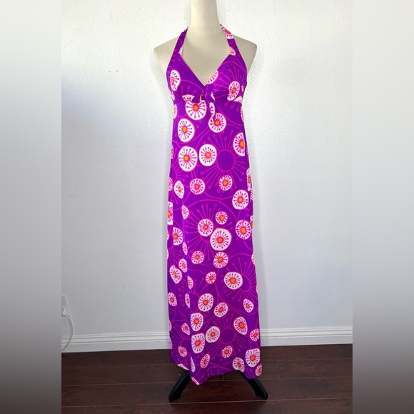 VINTAGE 1970s Slip Dress Psychedelic Maxi Purple Halter Printed Nightgown - Picture 1 of 13